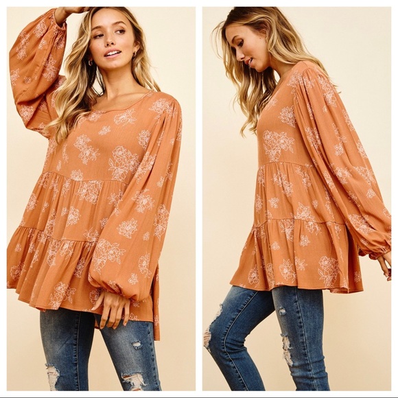 Bohemian Ditsy Floral Print Babydoll Top - Picture 6 of 6